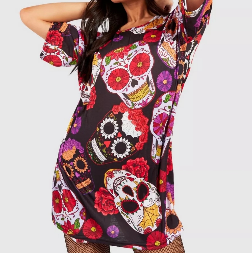 Multicolored Halloween Sugar Skull Day of the Dead T-Shirt Mini Dress